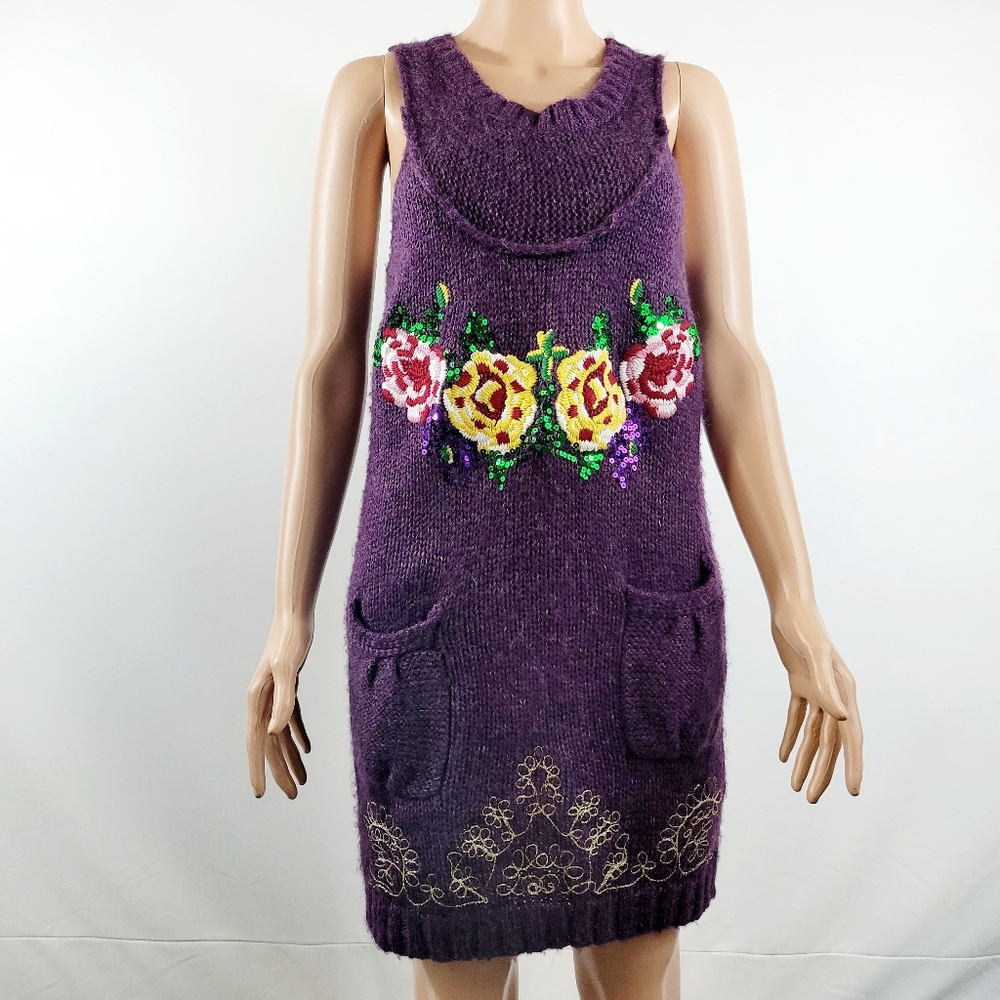 Desigual Women's Purple Knit Dress Embroidered & Sequined XL